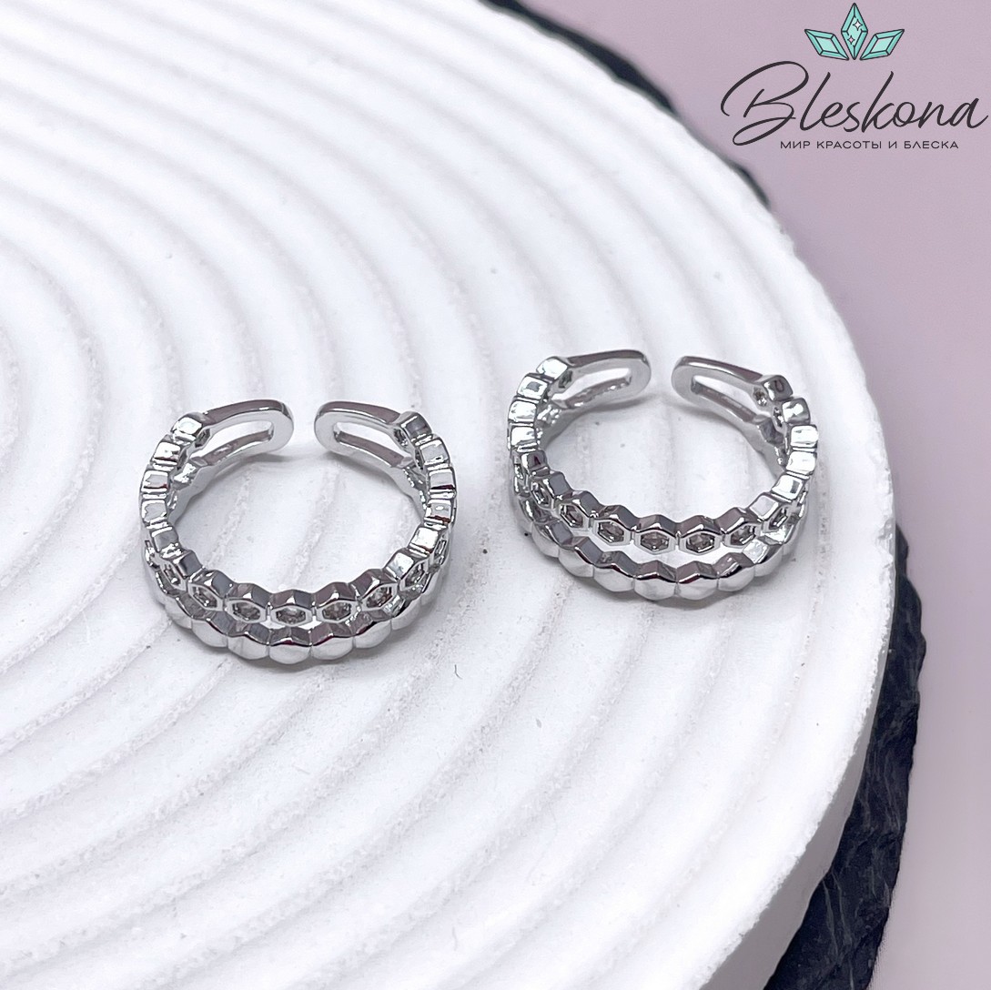 20 мм Цвет серебро, Кольцо безразмерное шестиугольник цирконы 