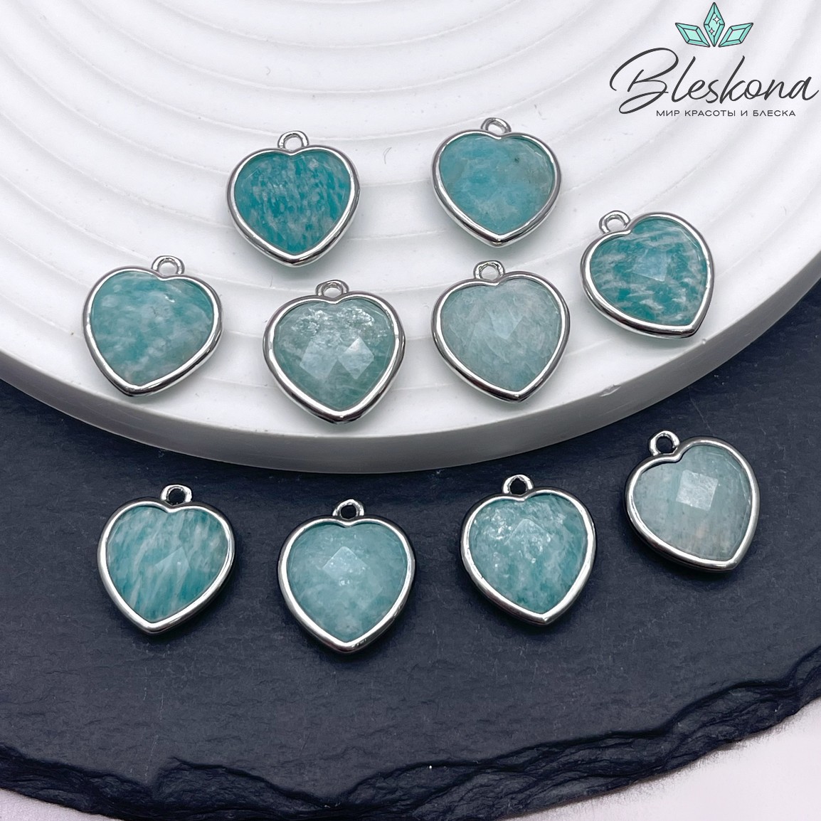 13*15мм,Цвет серебро,Подвеска Сердце  Амазонит огранка