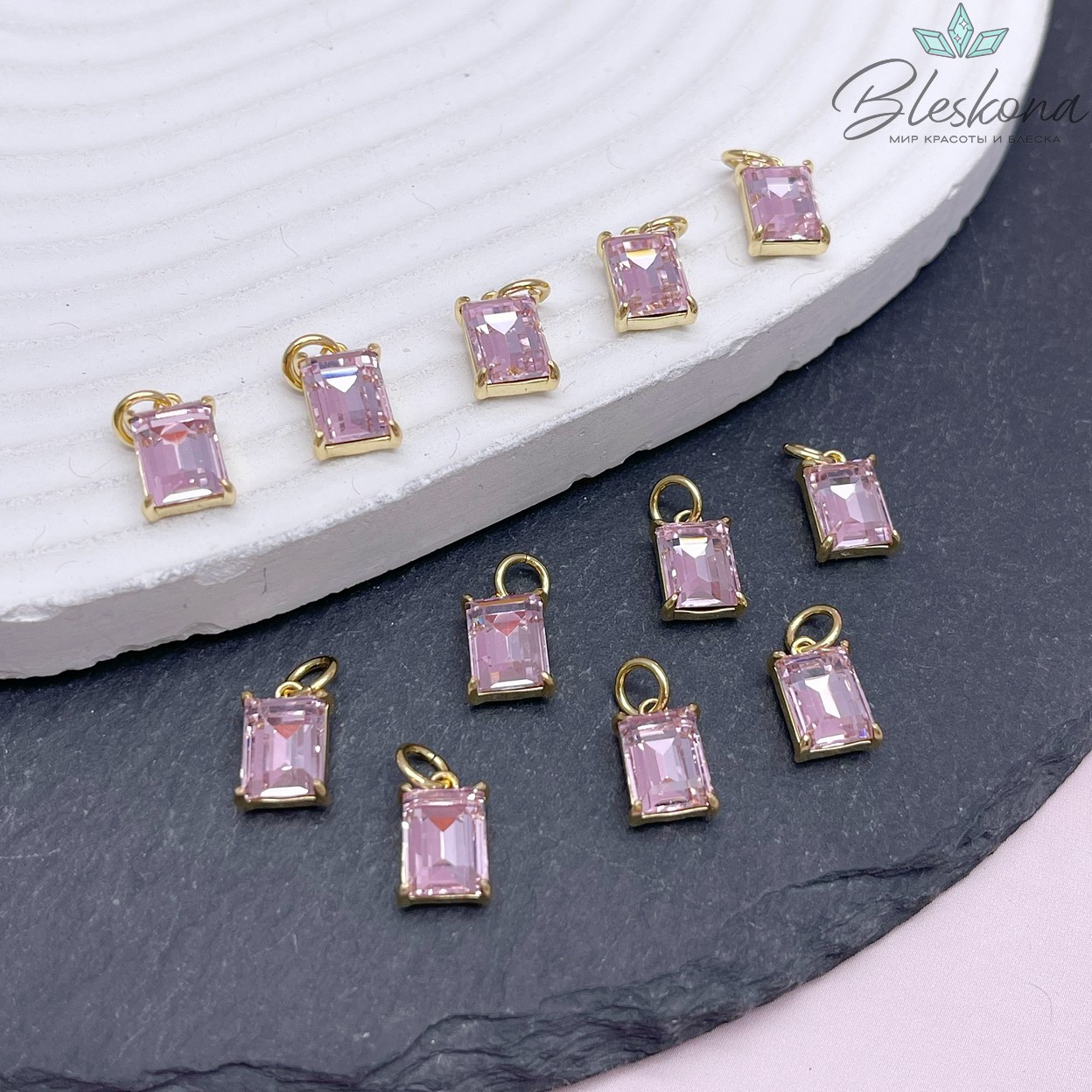 8*5 мм, Цвет золото, Подвеска прямоугольник розовый циркон