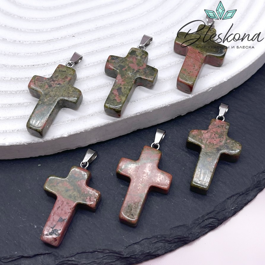 Подвеска крест Унакит, цвет серебро 28*18 мм