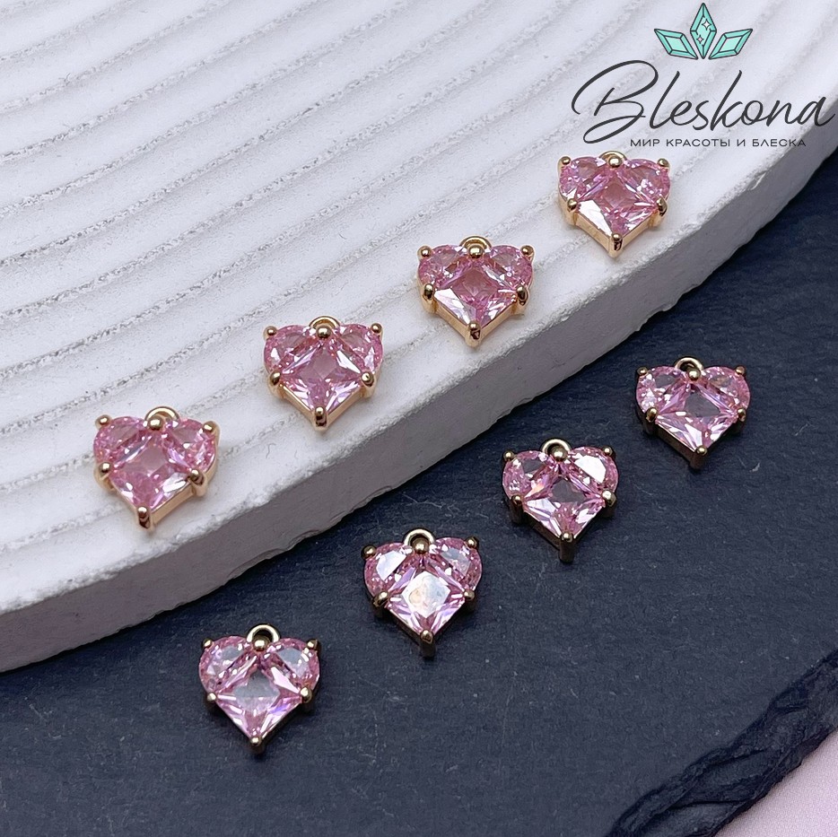 10*9,5 мм Цвет золото, Подвеска Сердце розовые цирконы