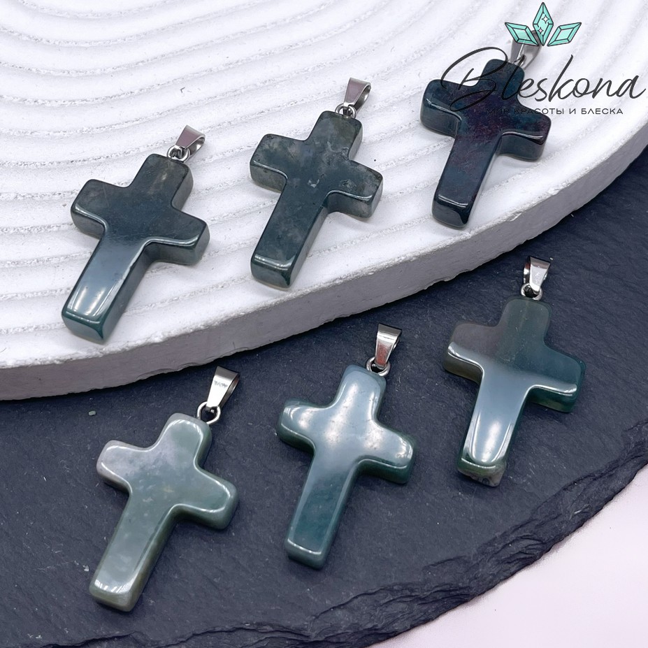 Подвеска крест Агат индийский, цвет серебро 28*18 мм