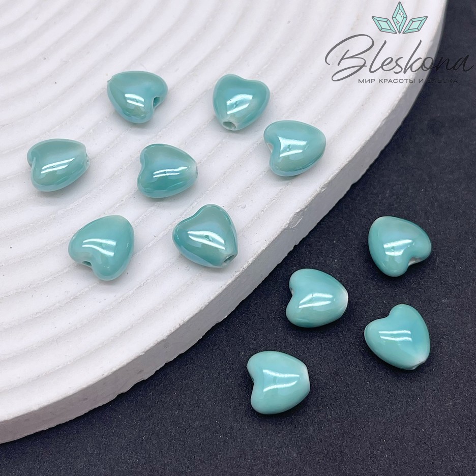 10 мм Бусина сердце, керамика цвет бирюзовый