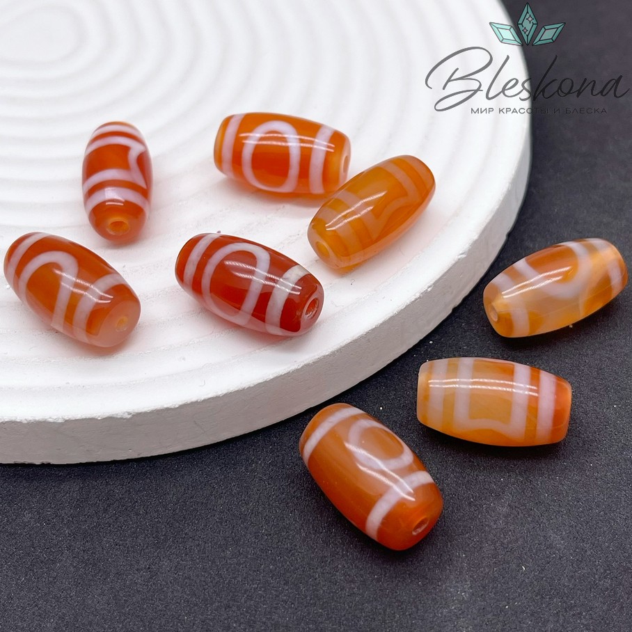 Бусина Дзи Небо, Земля бело-коричневый бочонок  №1 20*11 мм