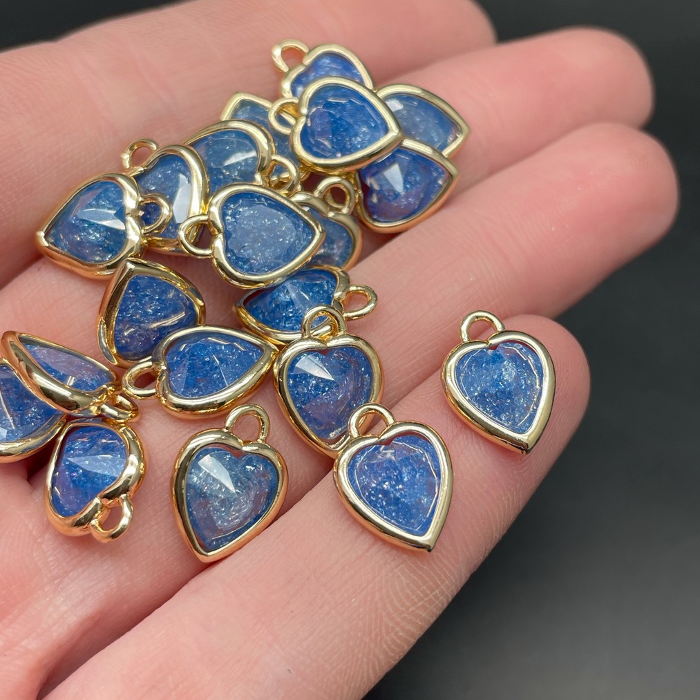 10 мм, Цвет золото, Подвеска сердце стекло синее сахарное