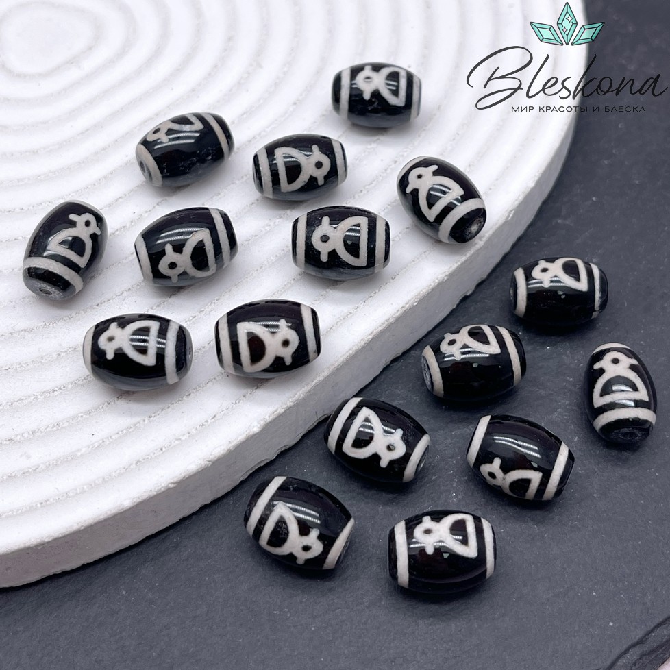 Бусина Дзи Кубера черно-белый бочонок 10*14 мм