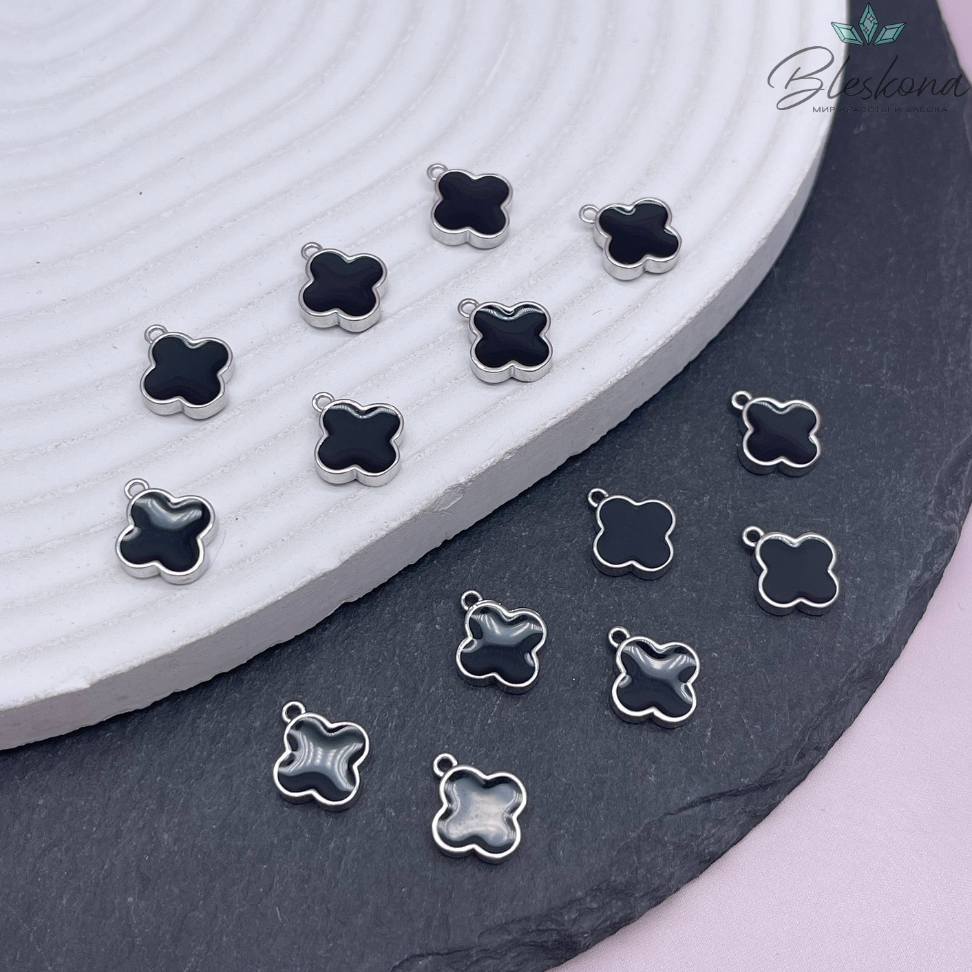 10*12 мм Цвет серебро, Подвеска Клевер черная эмаль