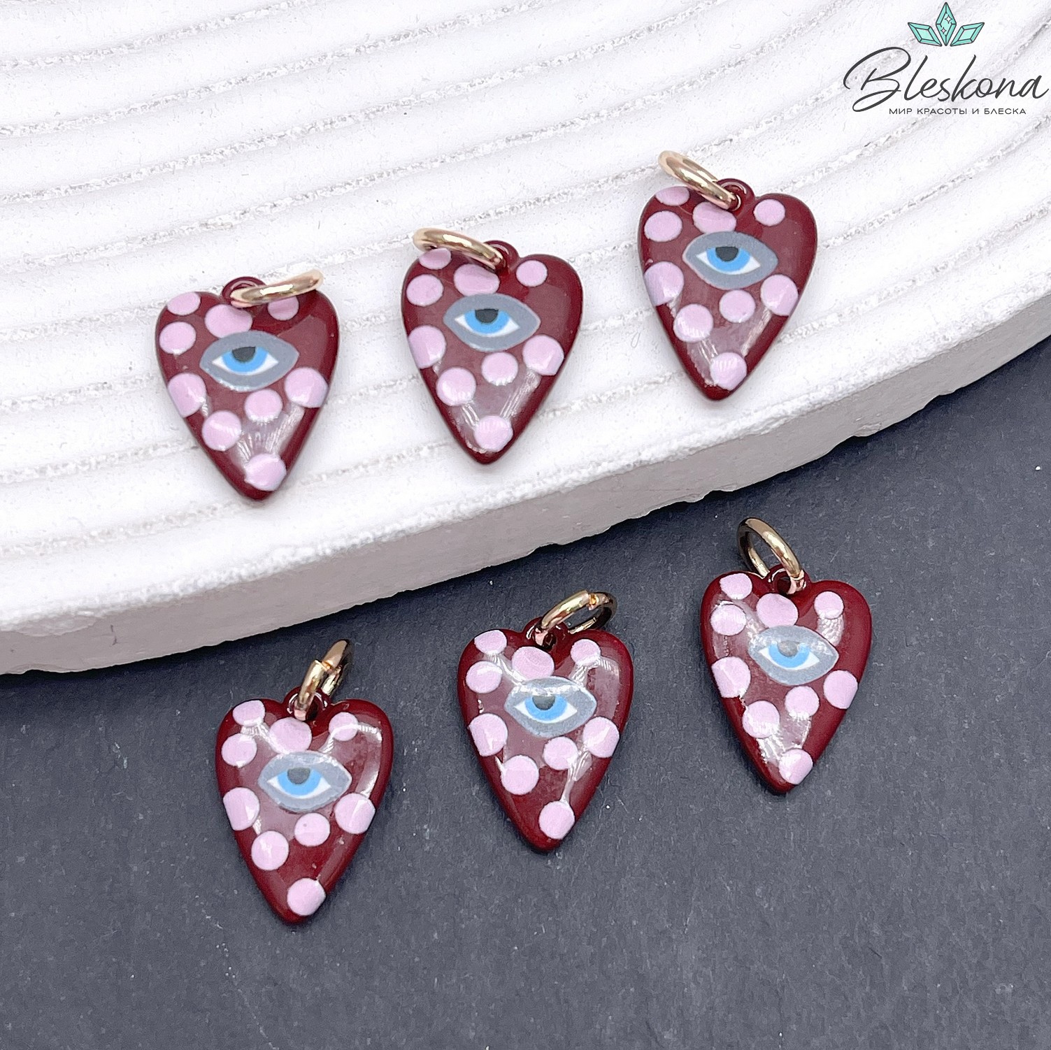 15,5*10 мм, Цвет золото, Подвеска сердце бордо глаз эмаль