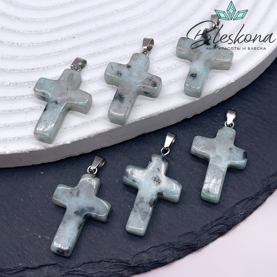 Подвеска крест Яшма киви голубая, цвет серебро 28*18 мм