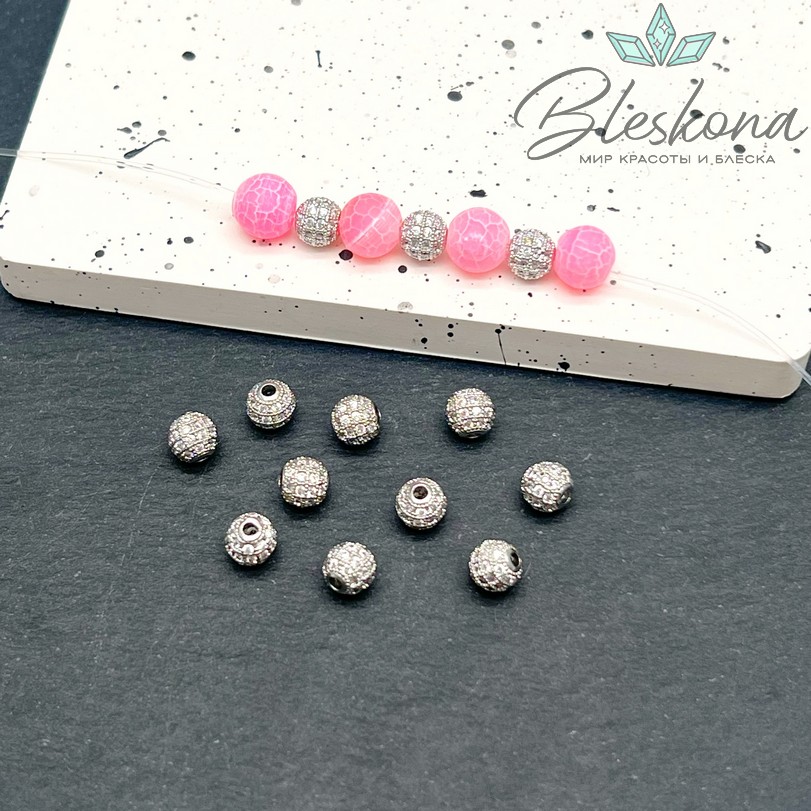 6 мм Цвет серебро, Бусина с белыми цирконами