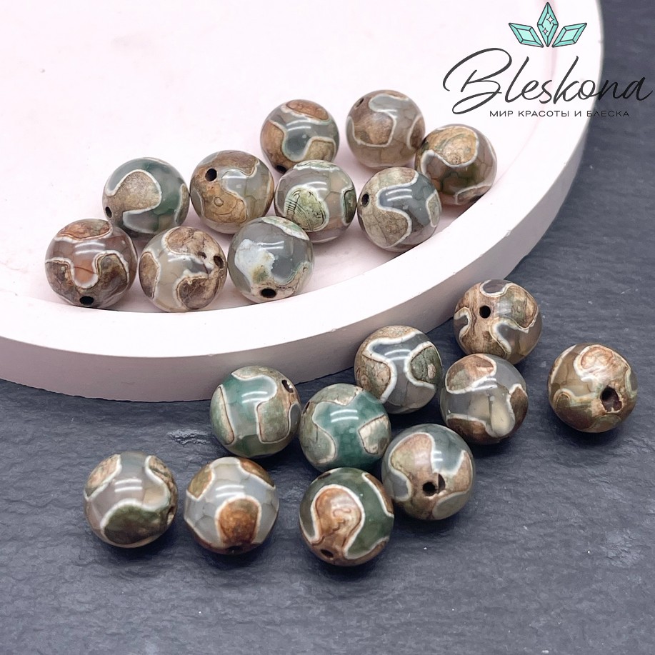 Бусина Дзи Черепаха серо-зеленый шар №1 10 мм уп.10 шт.