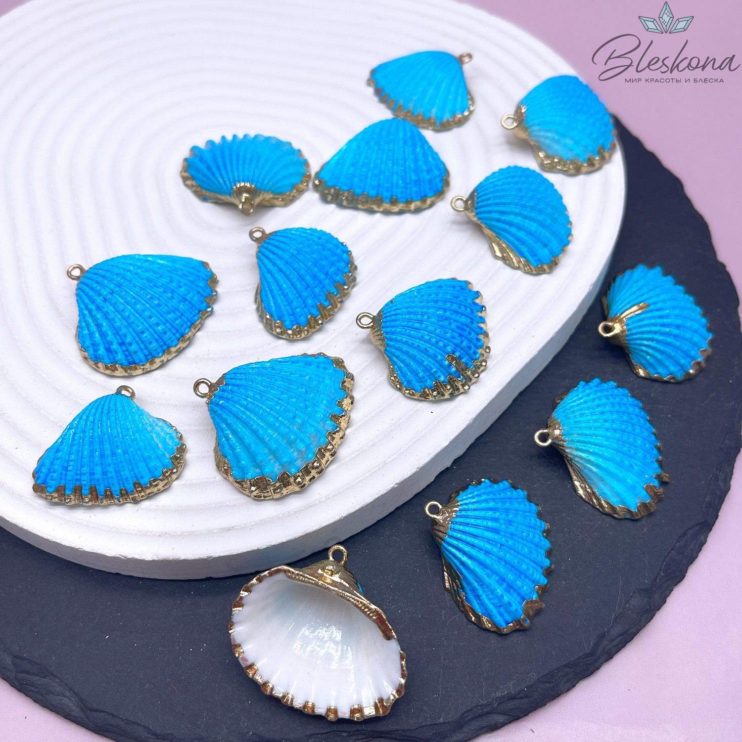 (25-30)*(29-33) мм, Цвет золото, Подвеска Ракушка синяя