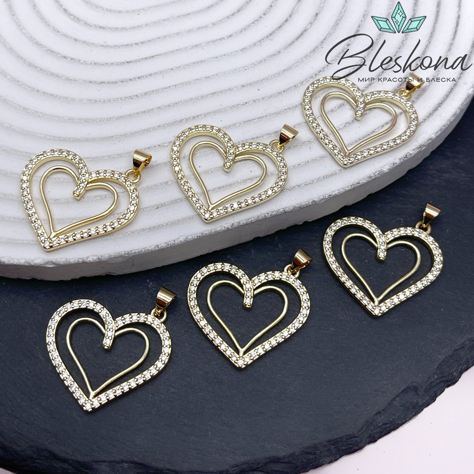 23*27 мм Цвет золото, Подвеска сердце двойной контур с цирконами