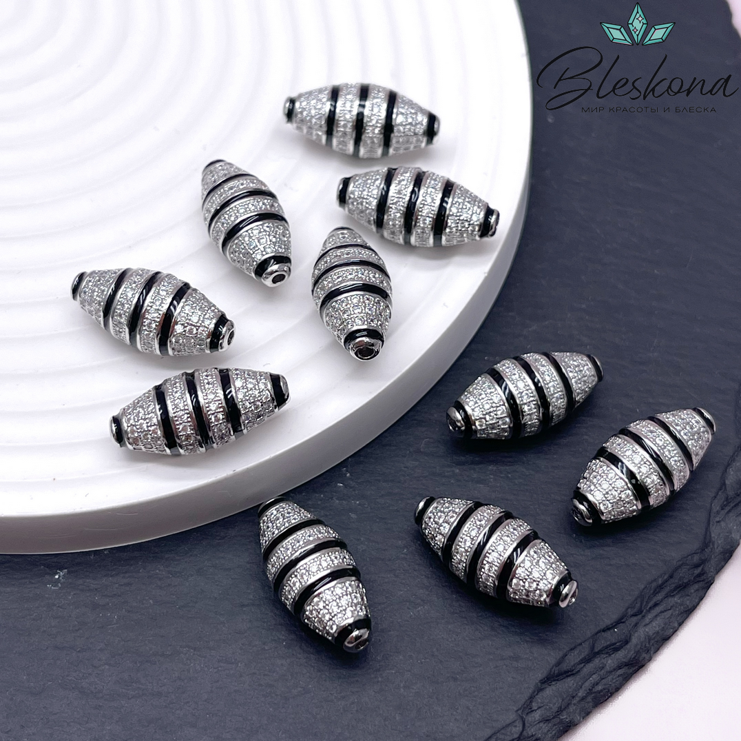 21,5*10 мм Цвет серебро, Бусина цирконы черная эмаль