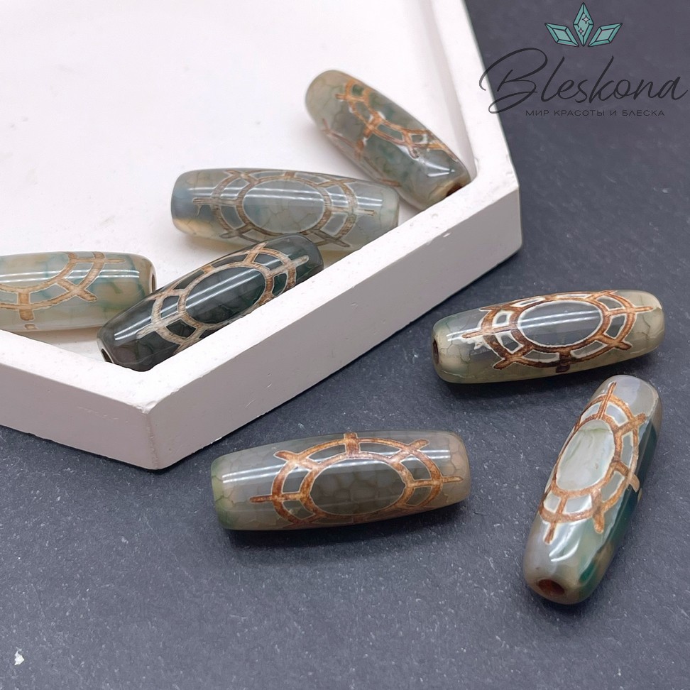 Бусина Дзи Колесо Фартуны зелено-коричневый бочонок 30*11 мм