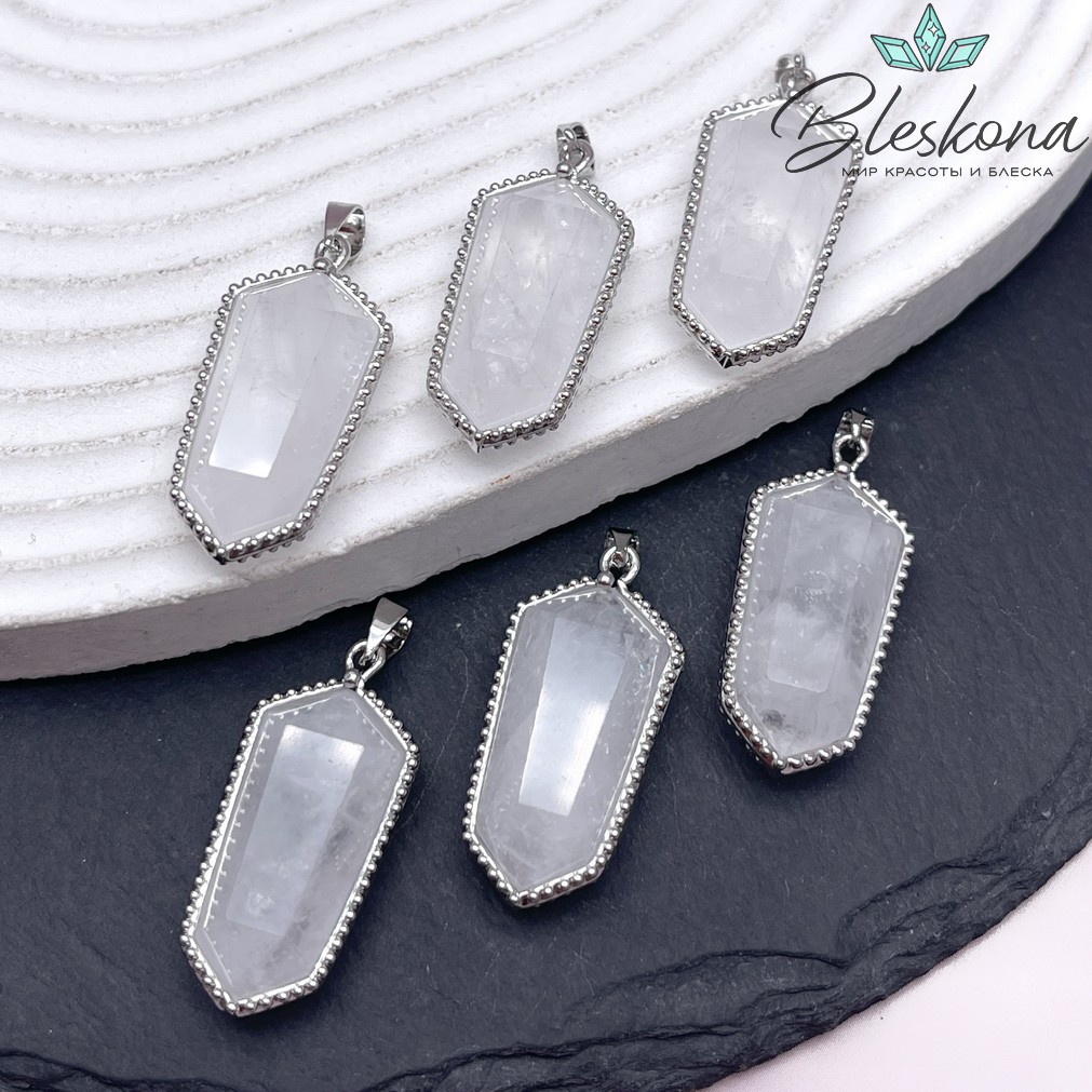 13,5*30мм, цвет серебро ,Подвеска Шестиугольник Горный хрусталь в обрамлении цирконы