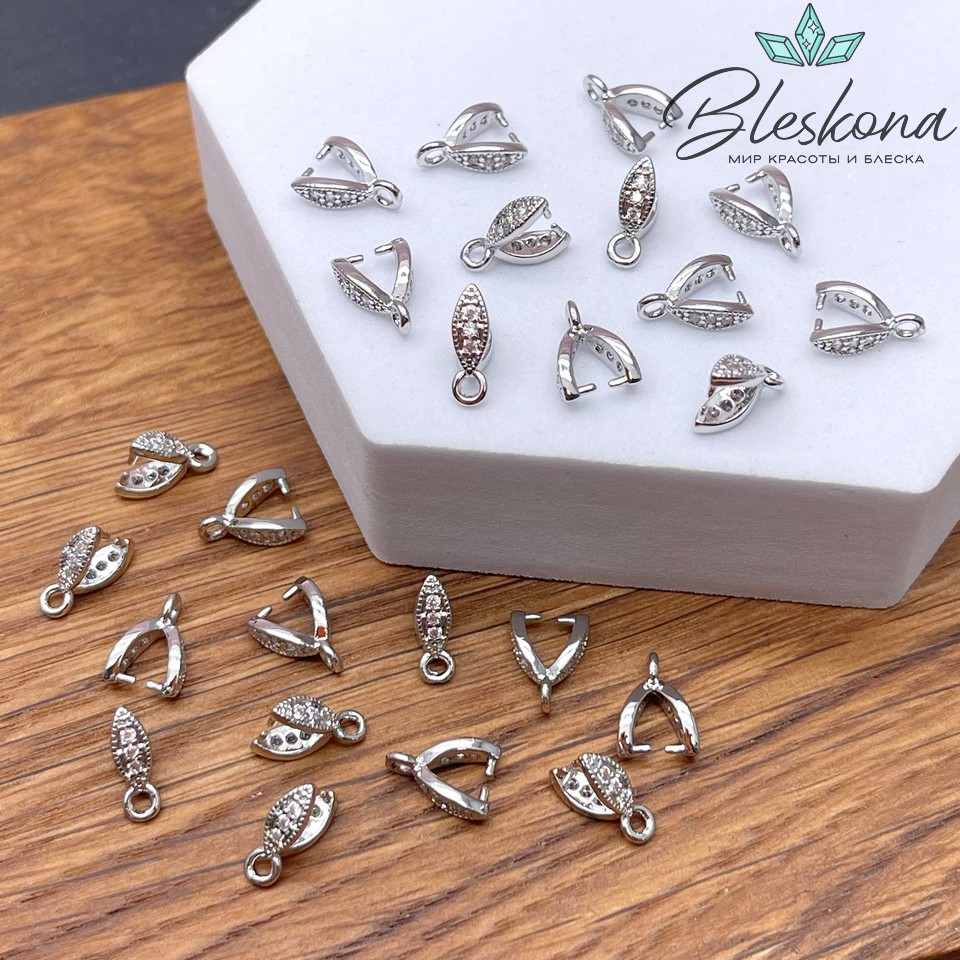 9,5*3,2 мм Цвет серебро, Бейл Зажимной 3 циркона 