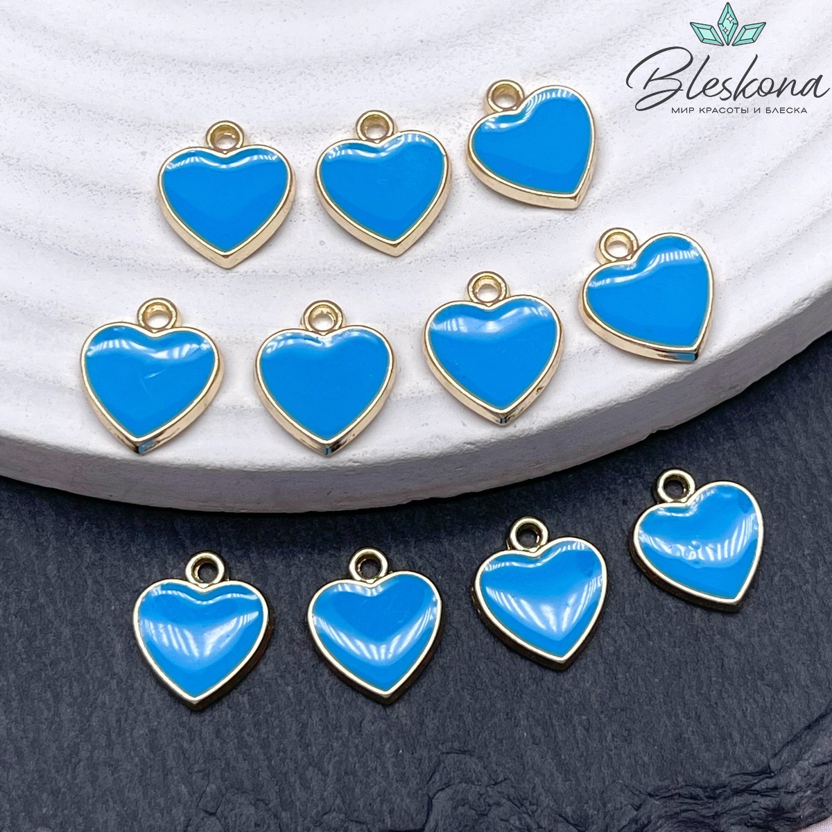 10*11мм Цвет золото, Подвеска сердце голубая эмаль