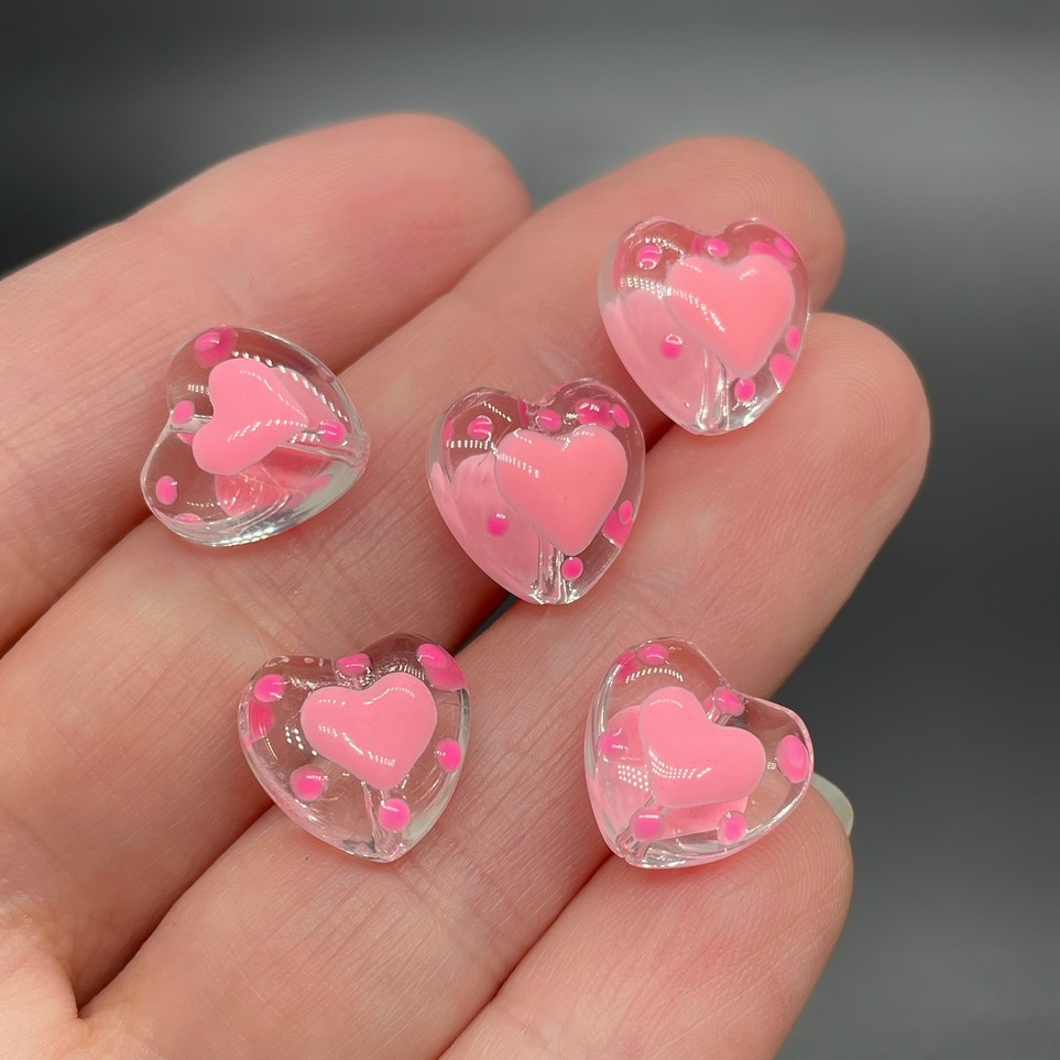 13,5 мм, Стекло бусина сердце с бледно-розовым сердечком точки уп.5 шт