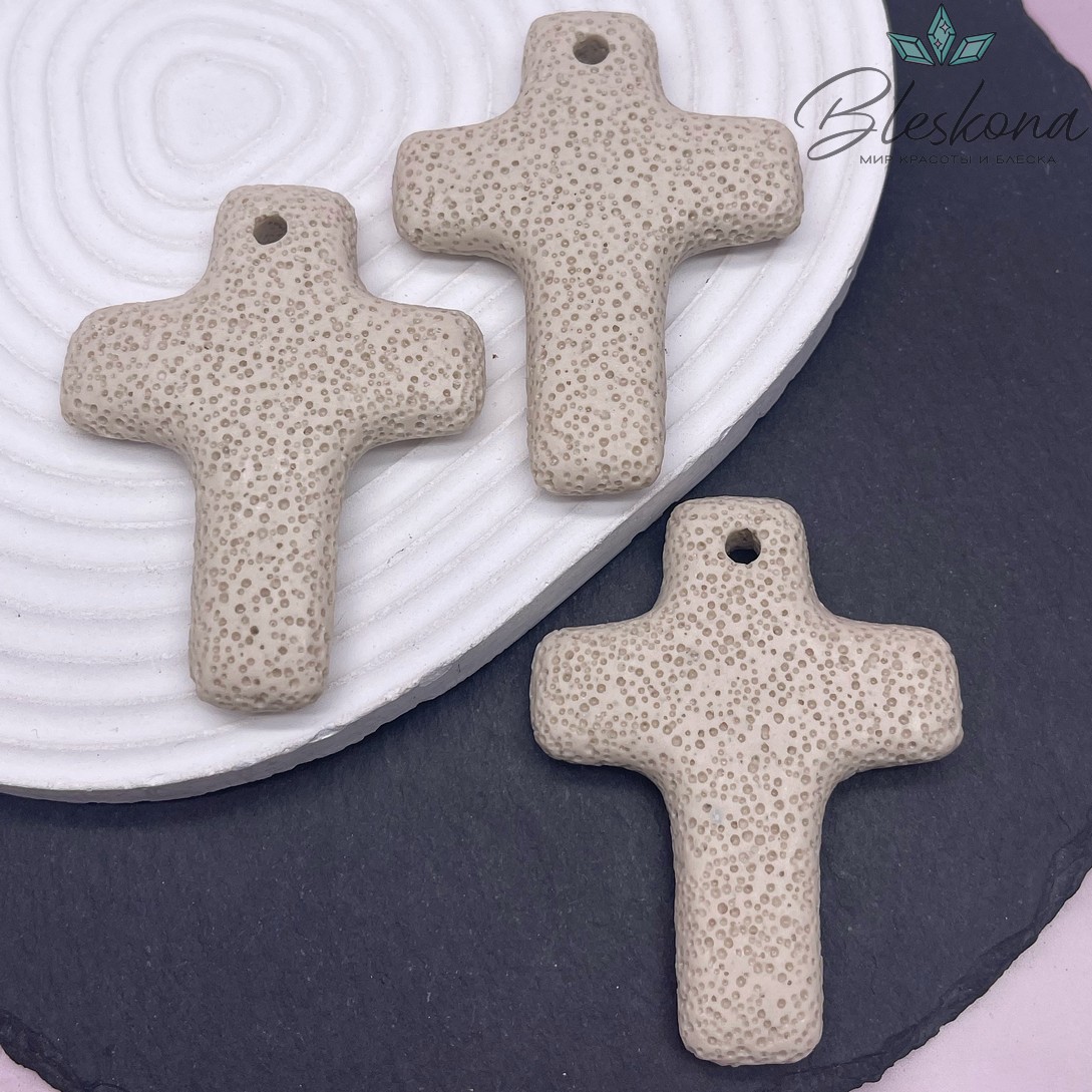 Лава Вулканическая Подвеска крест темно- бежевый 66*52 мм