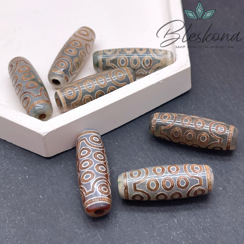 Бусина Дзи 21 глаз зелено-коричневый бочонок 30*11 мм