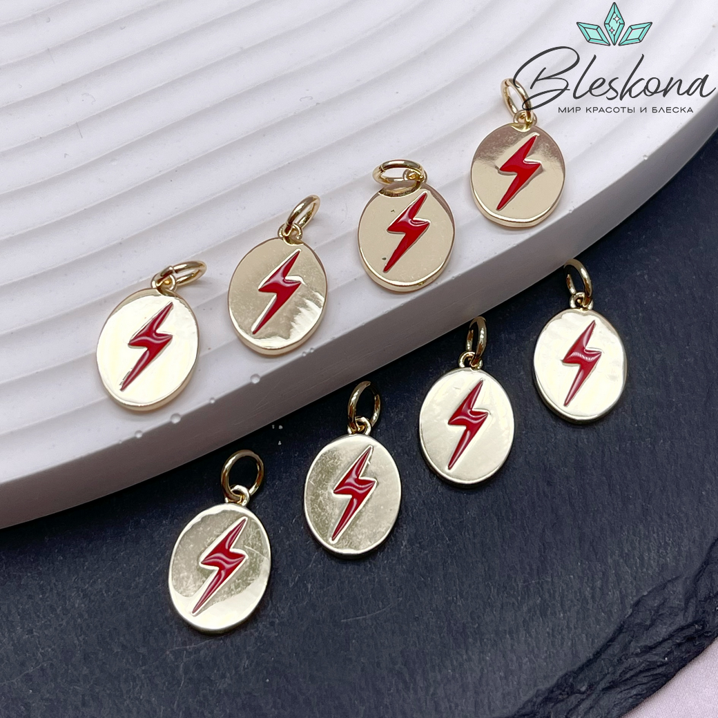 13,8*9,2 мм,Цвет золото, Подвеска овал молния красная эмаль