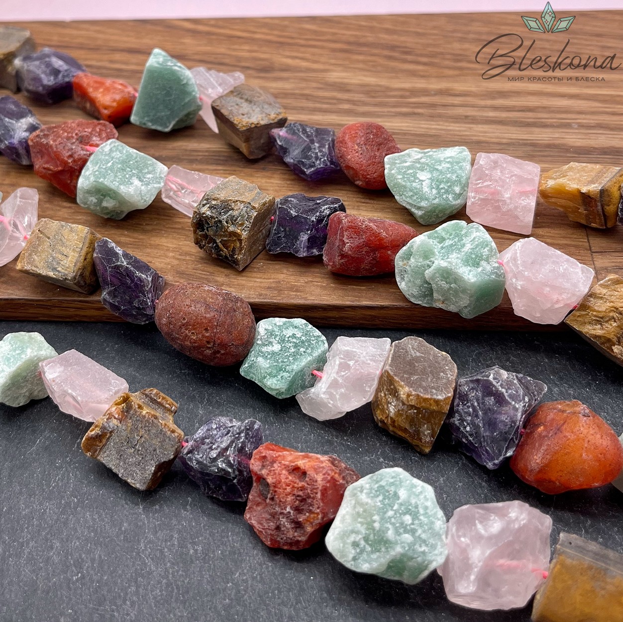 Микс куски розовый кварц, авантюрин, сердолик, аметист, тигровый глаз (15-20)*(9-16) мм