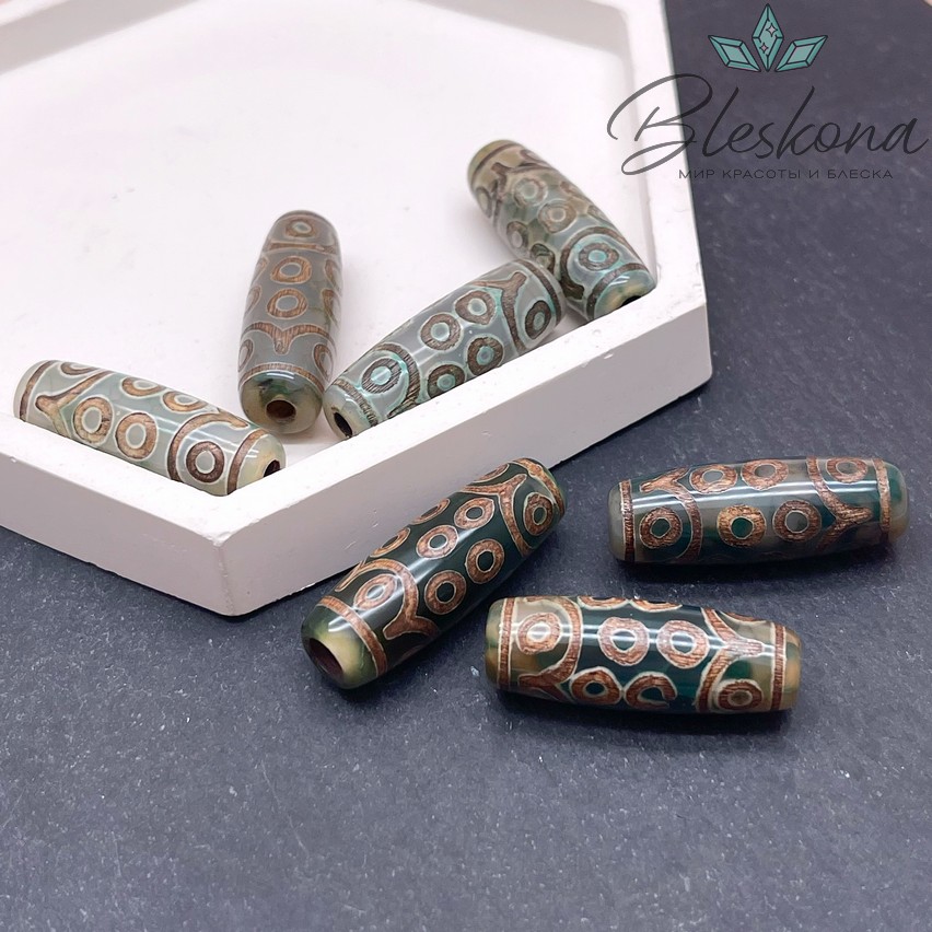 Бусина Дзи 18 глаз зелено-коричневый бочонок 30*11 мм