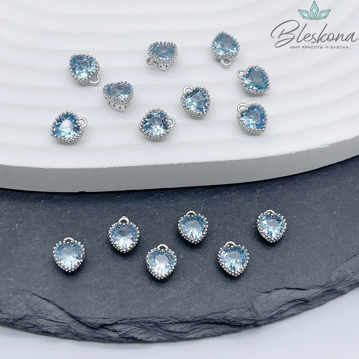 8*6,5 мм Цвет серебро, Подвеска Сердце мини голубой циркон