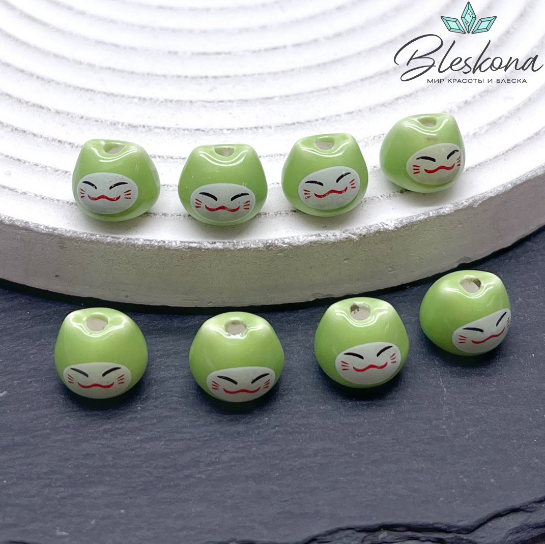 8*10 мм Керамика бусина Котик зеленый 