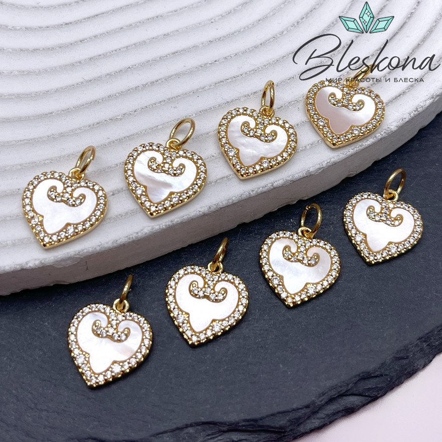 15,5*14,5 мм Цвет золото, Подвеска сердце с перламутром и цирконами