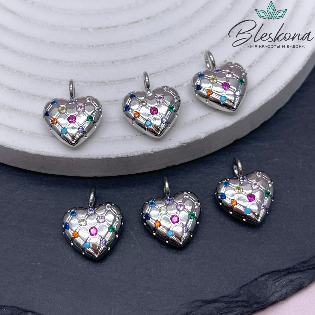 17*14 мм Цвет серебро, Подвеска сердце с цирконами микс