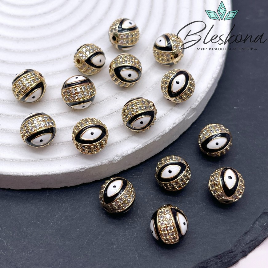 10,5 мм Цвет золото, Бусина с глазком черная эмаль