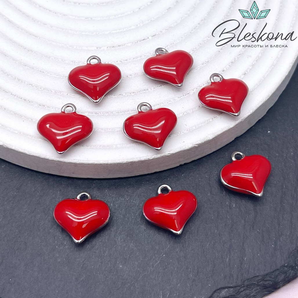 15*15 мм Цвет серебро, Подвеска Сердце красная эмаль
