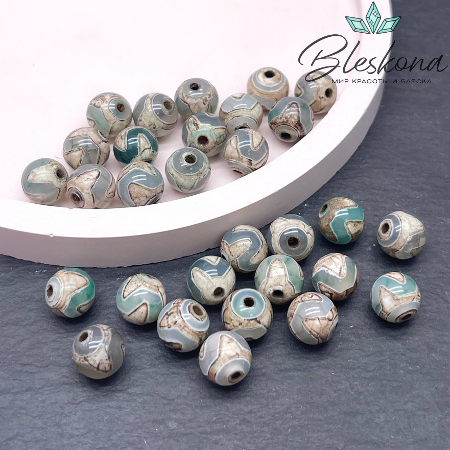 Бусина Дзи Тигриный клык зелено-коричневый шар 8 мм уп.15 шт.