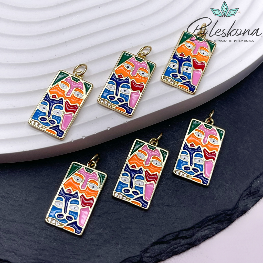 22,5*12 мм Цвет золото, Подвеска прямоугольник кошки цветная эмаль с цирконами