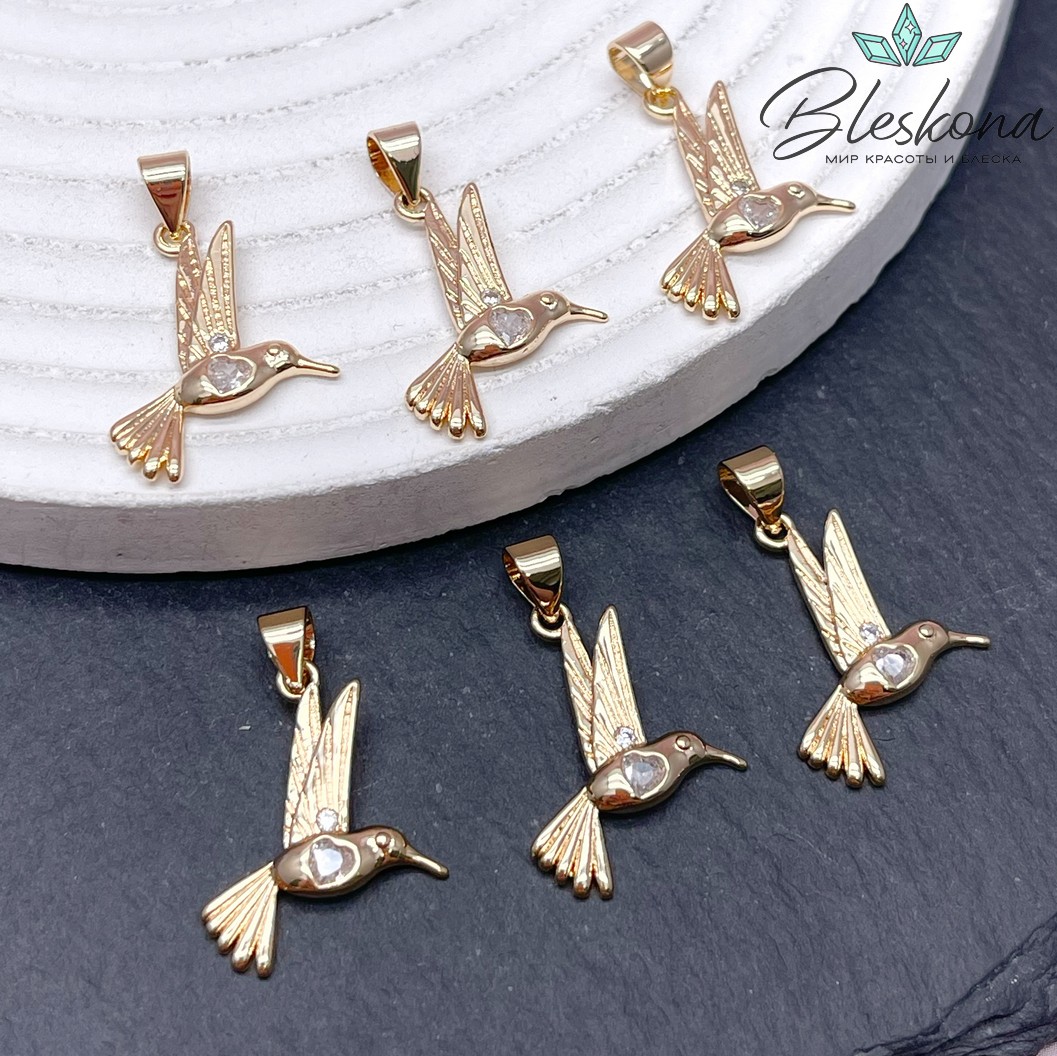 21*16 мм Цвет золото, Подвеска Колибри с цирконом
