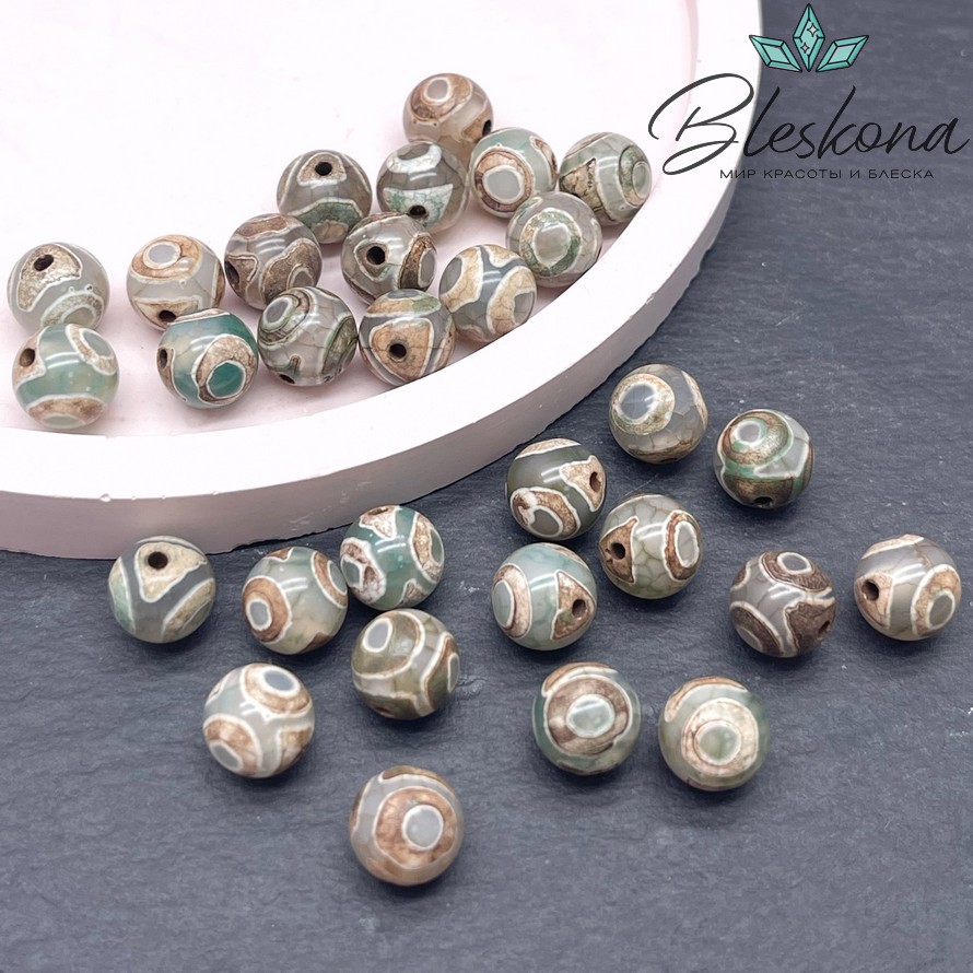 Бусина Дзи 3 глаза зелено-коричневый шар №1 8 мм уп.15 шт.