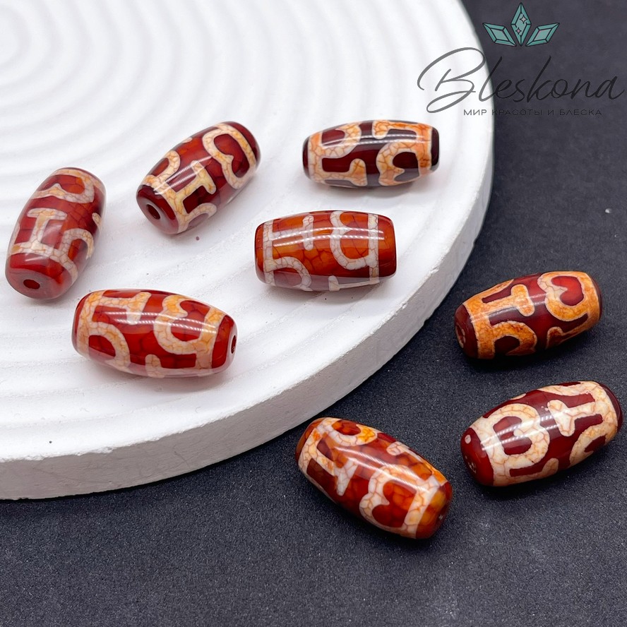 Бусина Дзи Шапка Дхармы бело-коричневый бочонок  20*11 мм