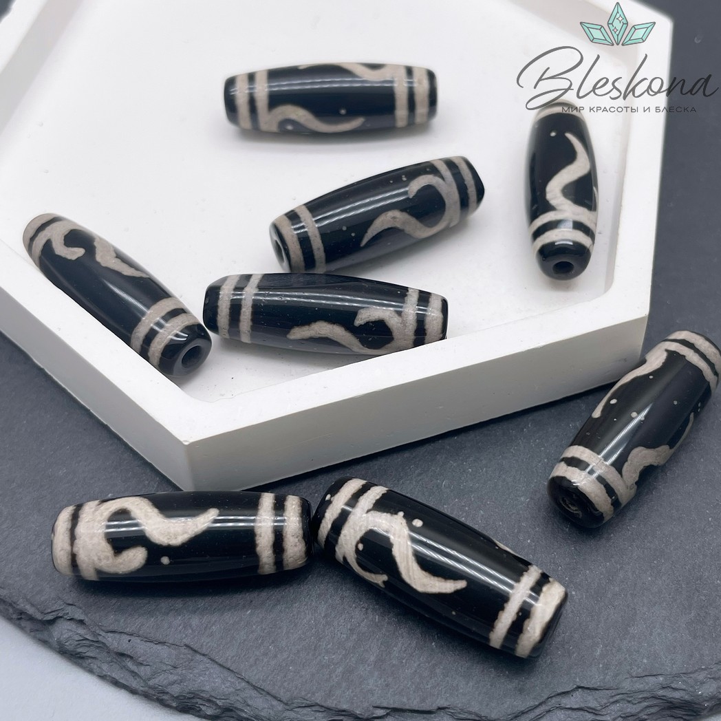 Бусина Дзи Золотой ключ черно-белый бочонок 30*11 мм