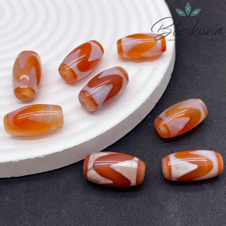 Бусина Дзи тигриный клык бело-коричневый бочонок №1 20*11 мм