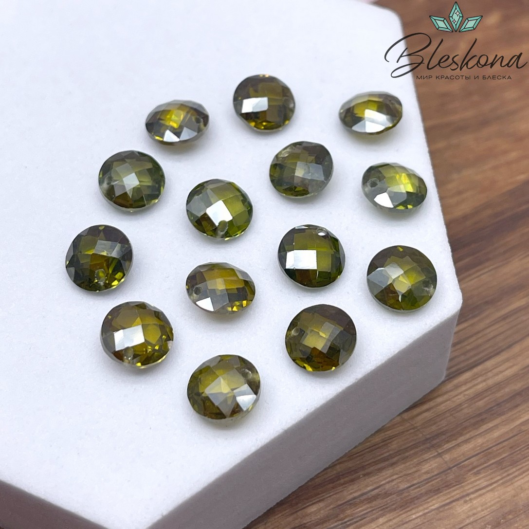 8 мм, Подвеска Циркон круг темно-зеленый №1 (кубический цирконий, фианит) 