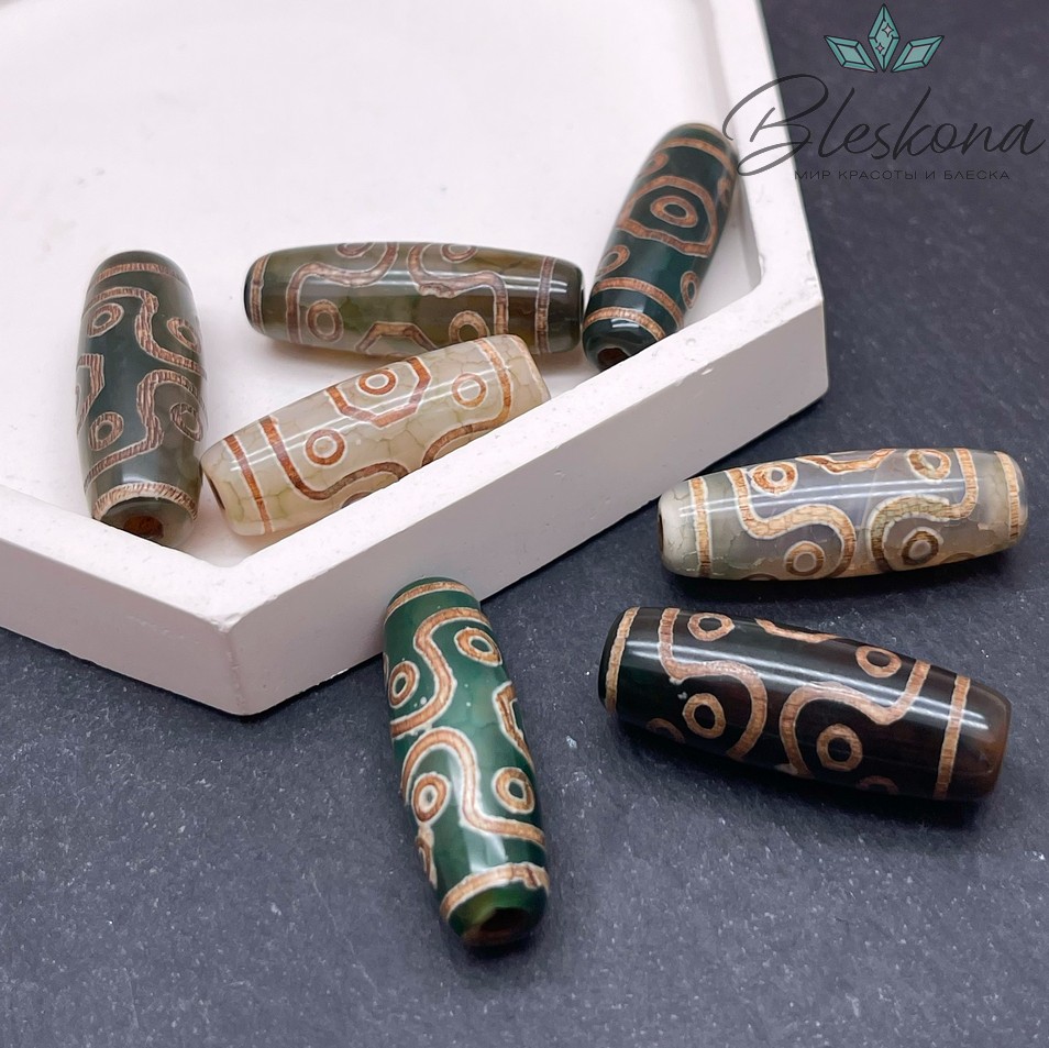 Бусина Дзи 11 глаз зелено-коричневый бочонок 30*11 мм