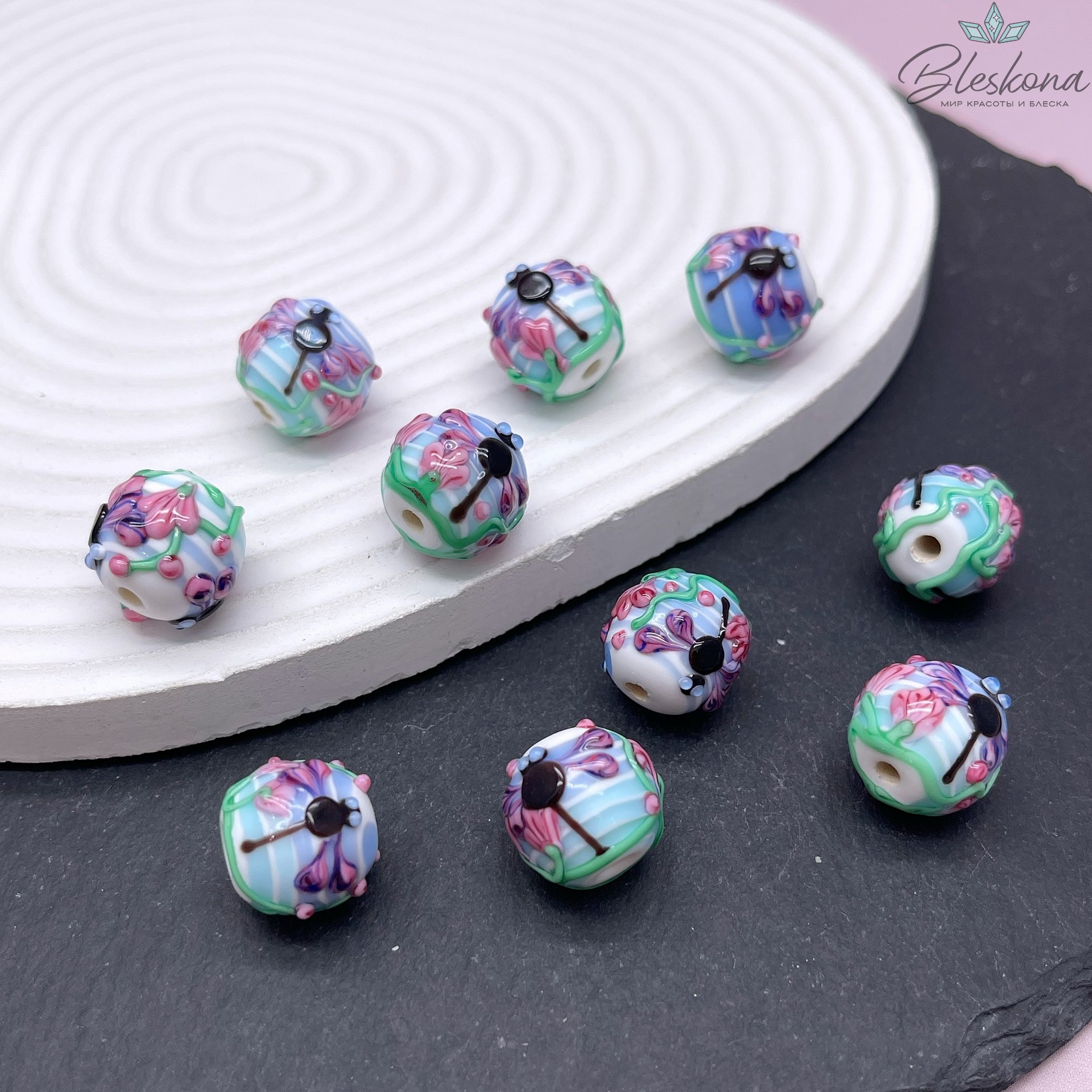 14*16 мм Бусина белый шар Стрекоза