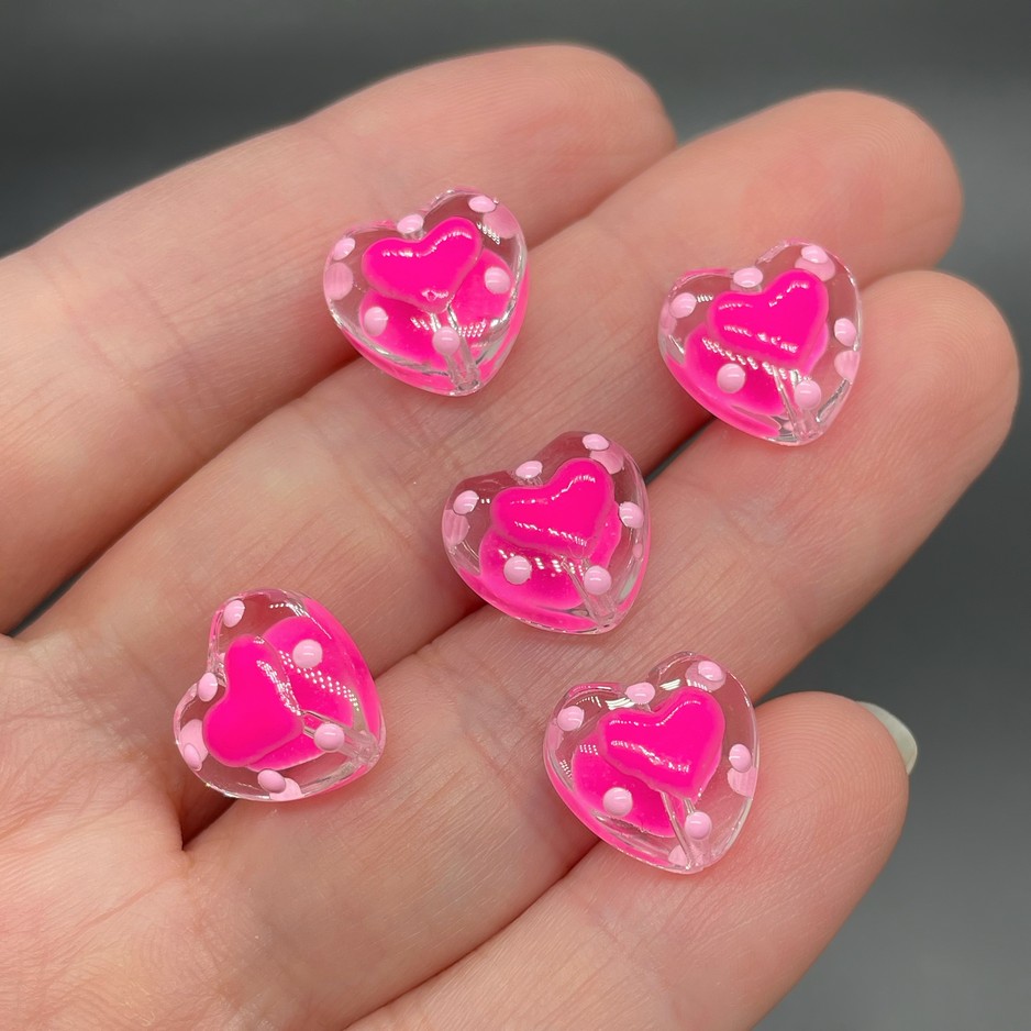 13,5 мм, Стекло бусина сердце с ярко-розовым сердечком точки уп.5 шт №2