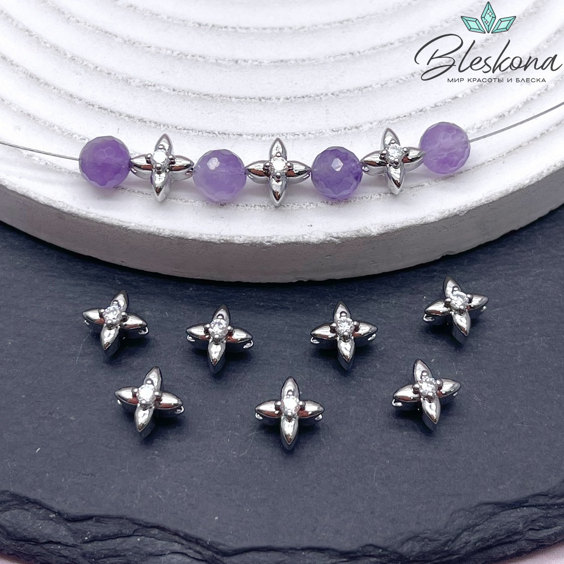 8 мм Цвет серебро, Бусина цветок c цирконом