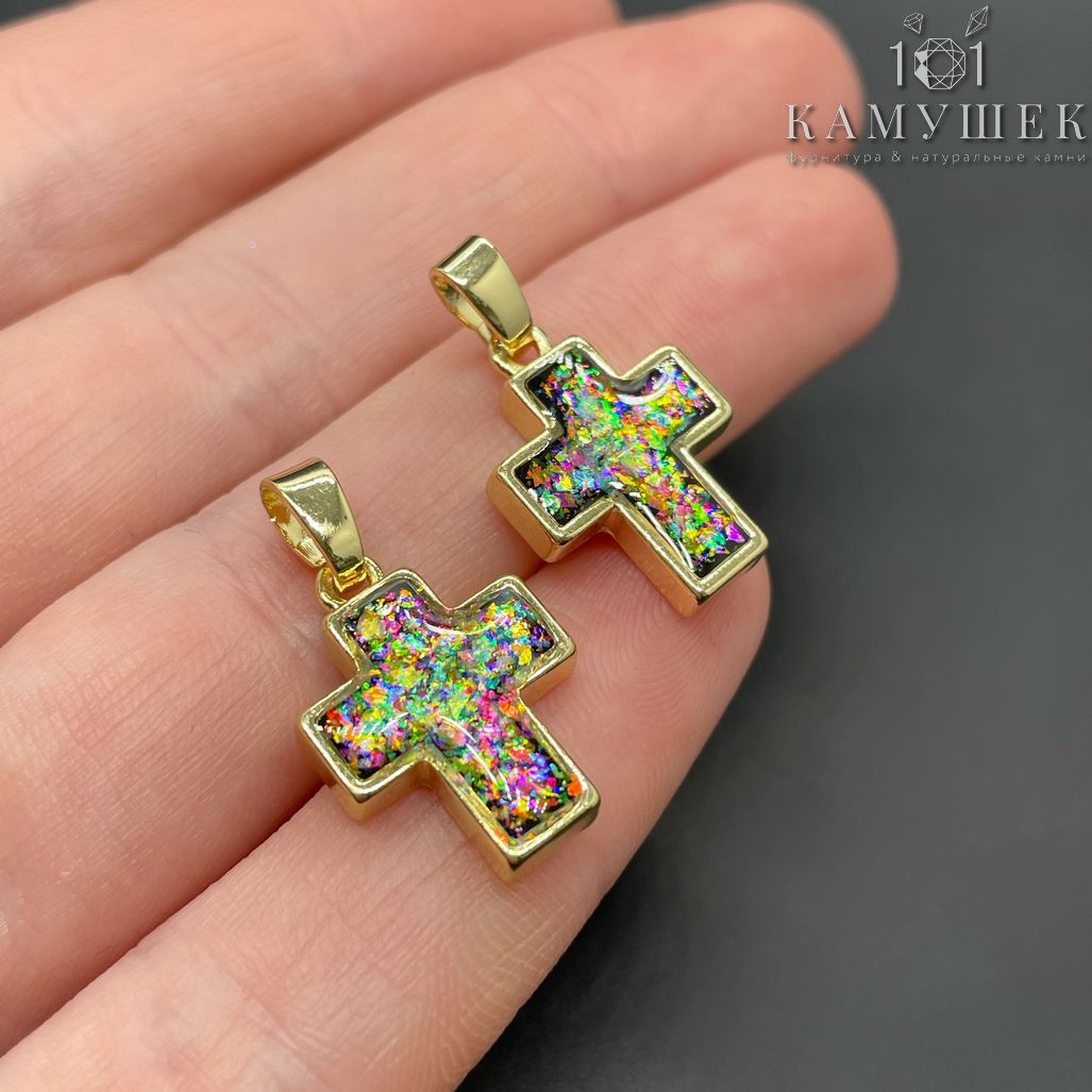 13,5*19мм, Цвет золото, Подвеска Крест зелено-фиолетовый