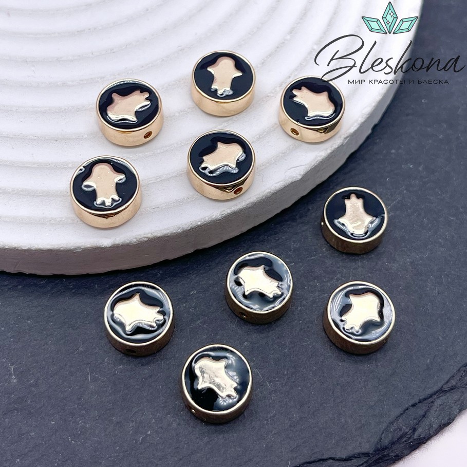 10мм Цвет золото,Бусина рука Фатимы черная эмаль 