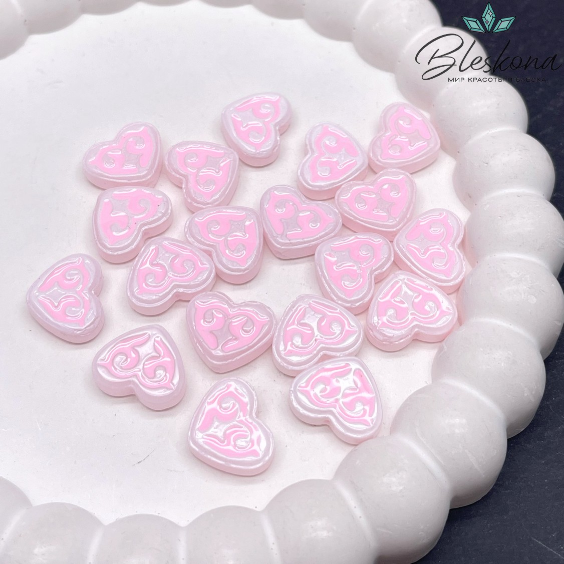 12*15 мм Бусина Этно сердце белое розовый рисунок