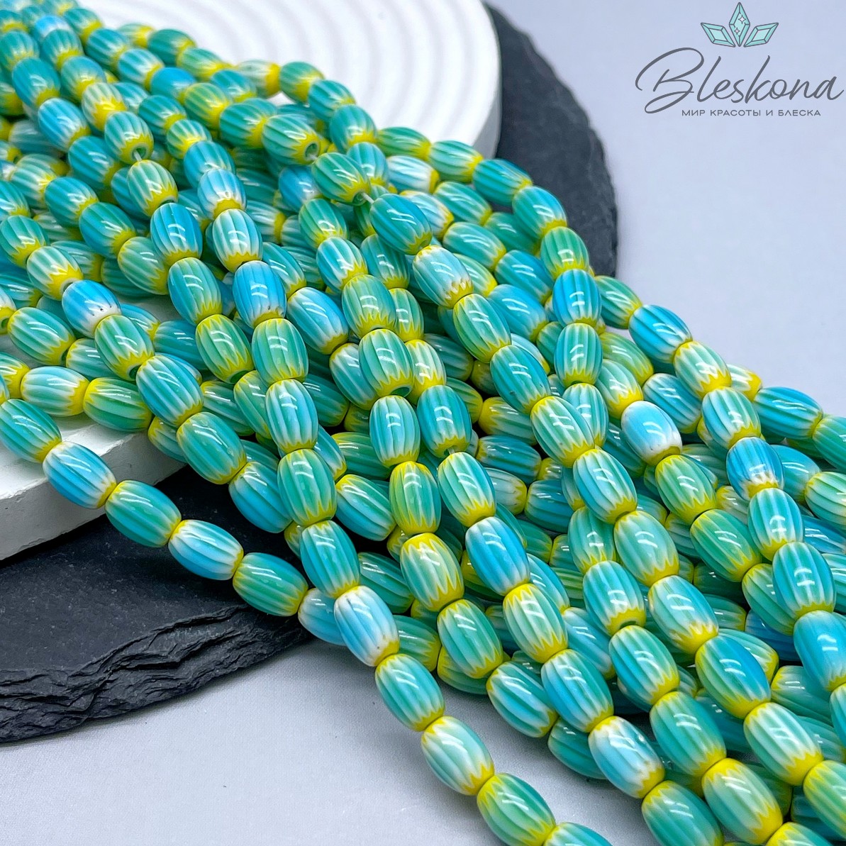 Муранское стекло бочата желто- бирюзовые, полосы 9*6 мм